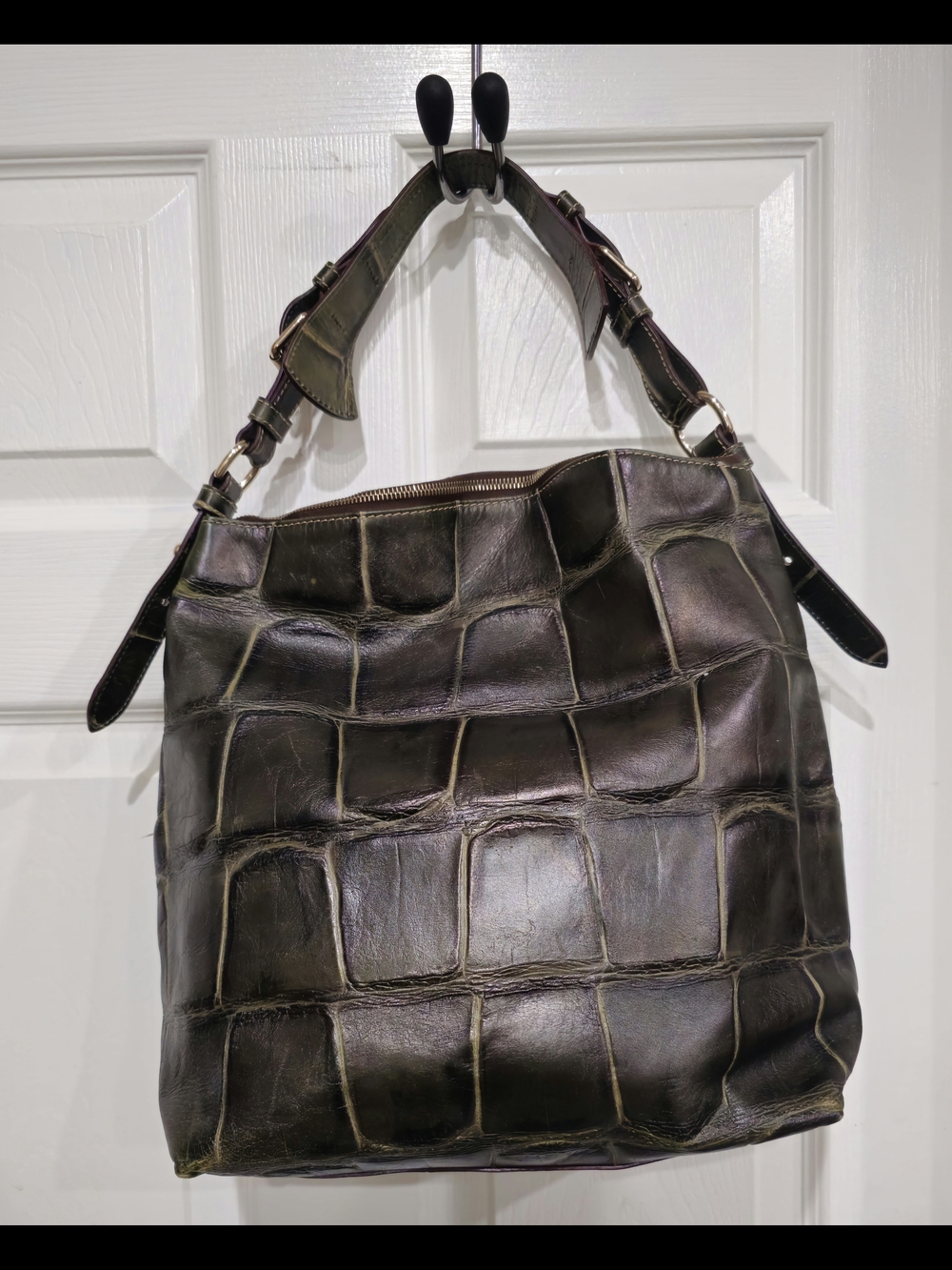 Dooney & Bourke Croc-Embossed Shoulder Bag - Dark Green with Brass Hardware - Picture 2 of 6